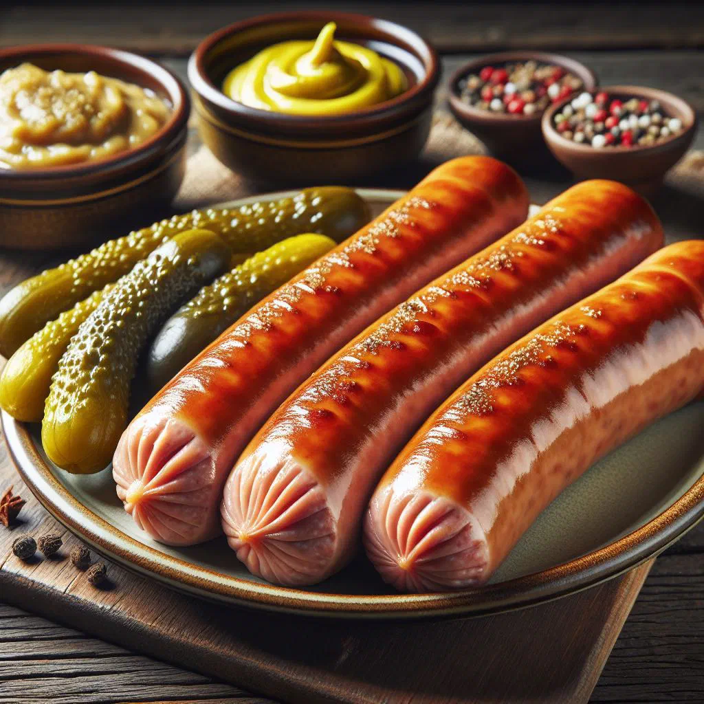 Marinated sour sausage with onion rings on a wooden board with farmhouse bread