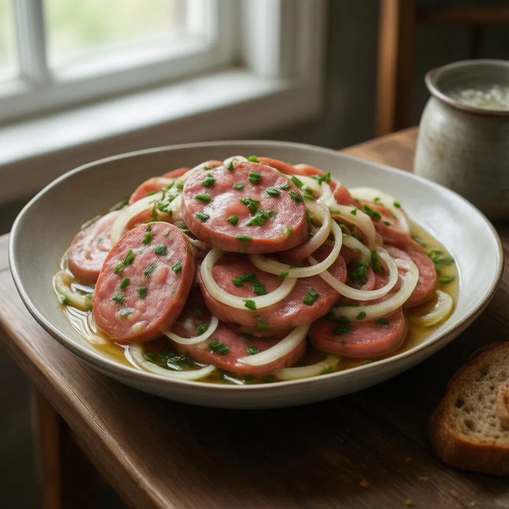 Marinated sour sausage with onion rings on a wooden board with farmhouse bread