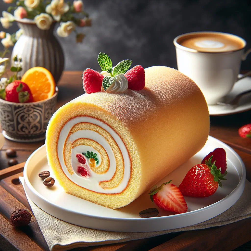 Slices of jam-filled sponge roll dusted with icing sugar