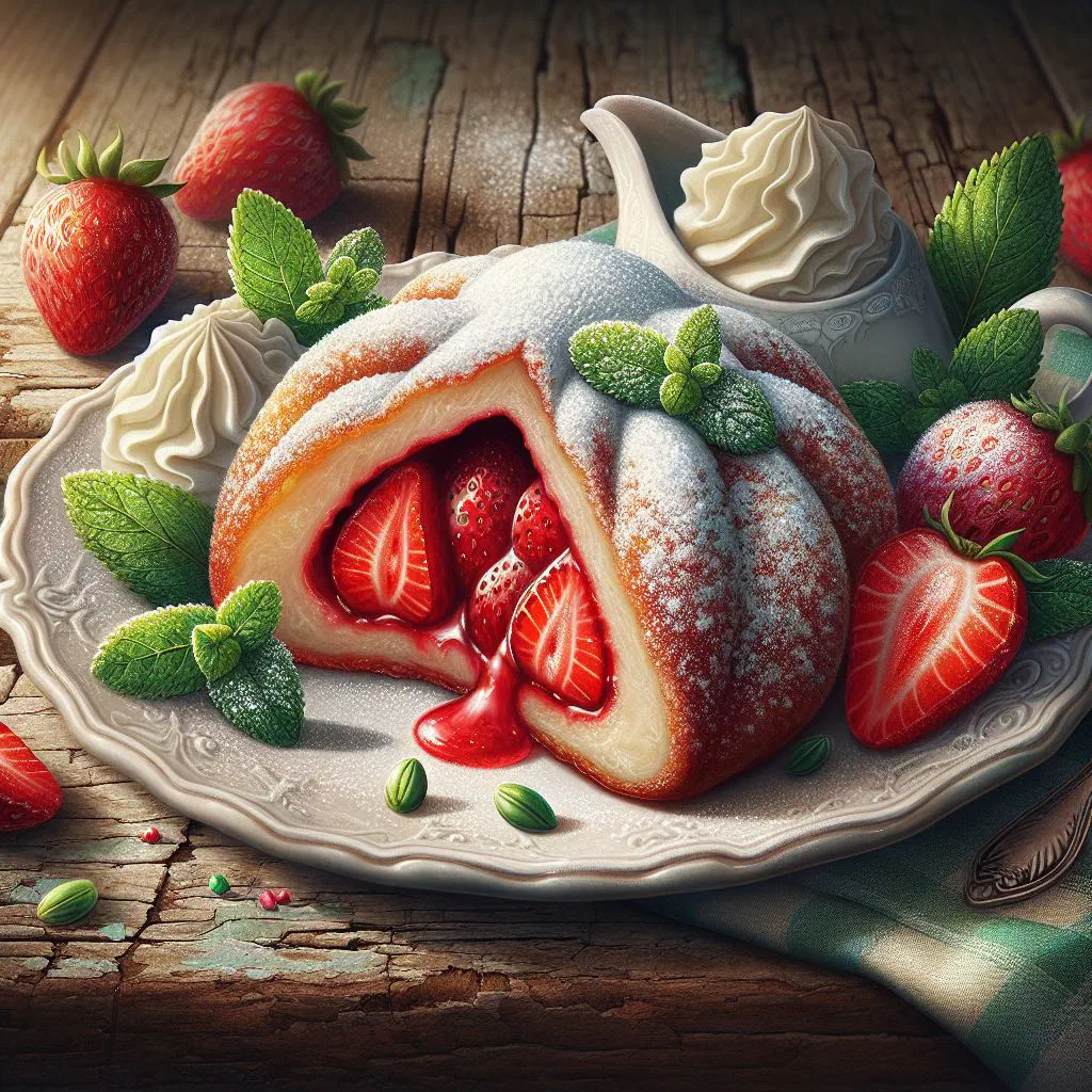 Strawberry dumplings dusted with icing sugar on a plate
