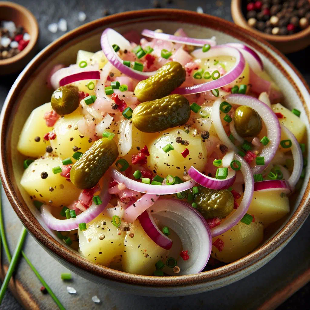 Styrian potato salad dressed with dark pumpkin seed oil and onions