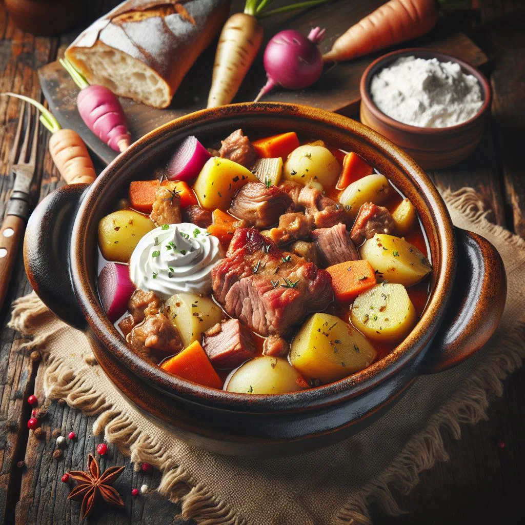 Hearty Styrian beef stew with root vegetables garnished with fresh parsley