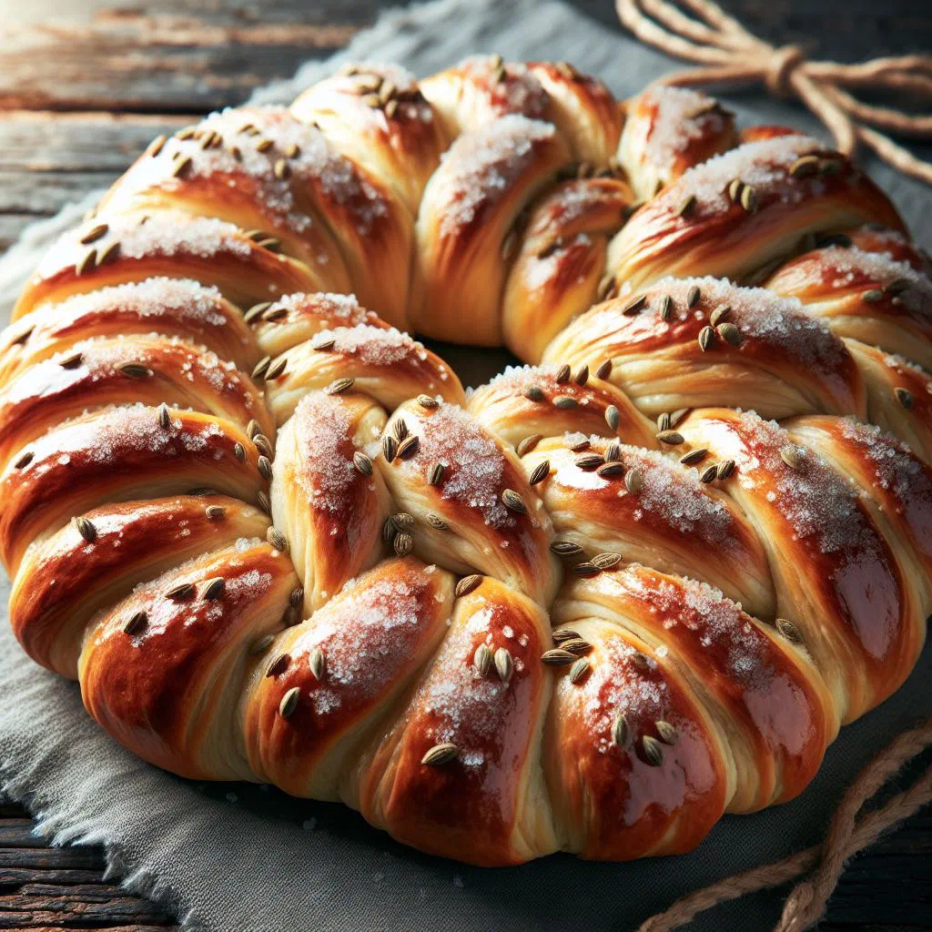 Golden plaited sweet yeast loaf dusted with icing sugar
