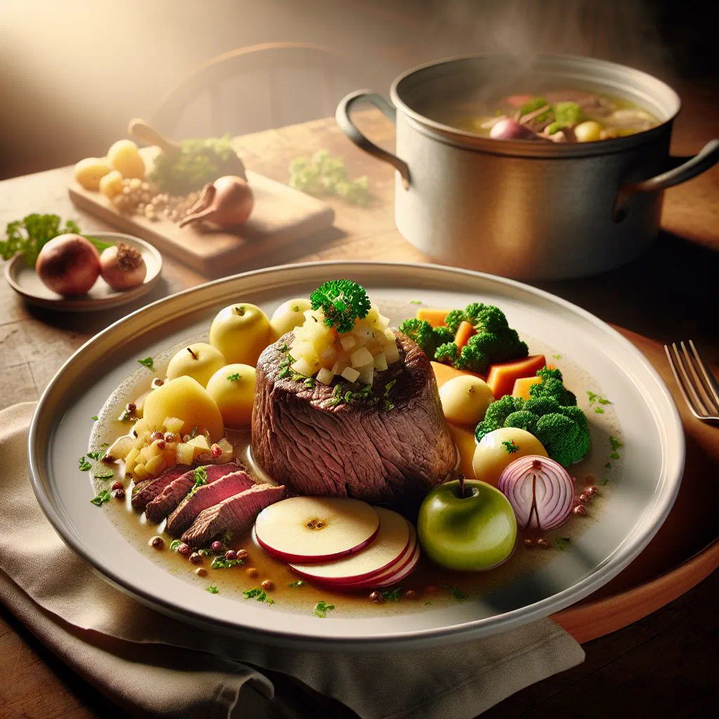 Sliced boiled Tafelspitz beef with broth and root vegetables