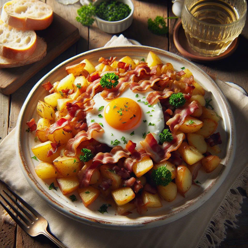 Tiroler Gröstl of fried potatoes and meat topped with a fried egg