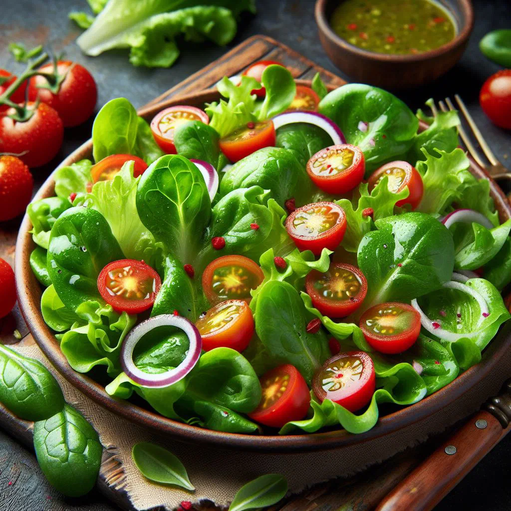 Austrian tomato salad with onion rings and fresh basil in a shallow bowl