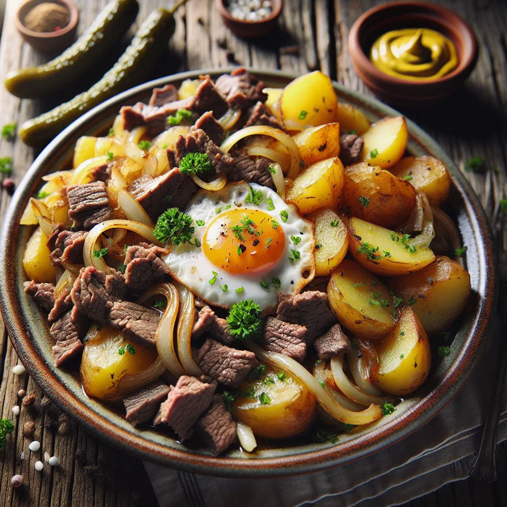 Tyrolean Gröstl with diced potatoes, meat and onions in a rustic pan