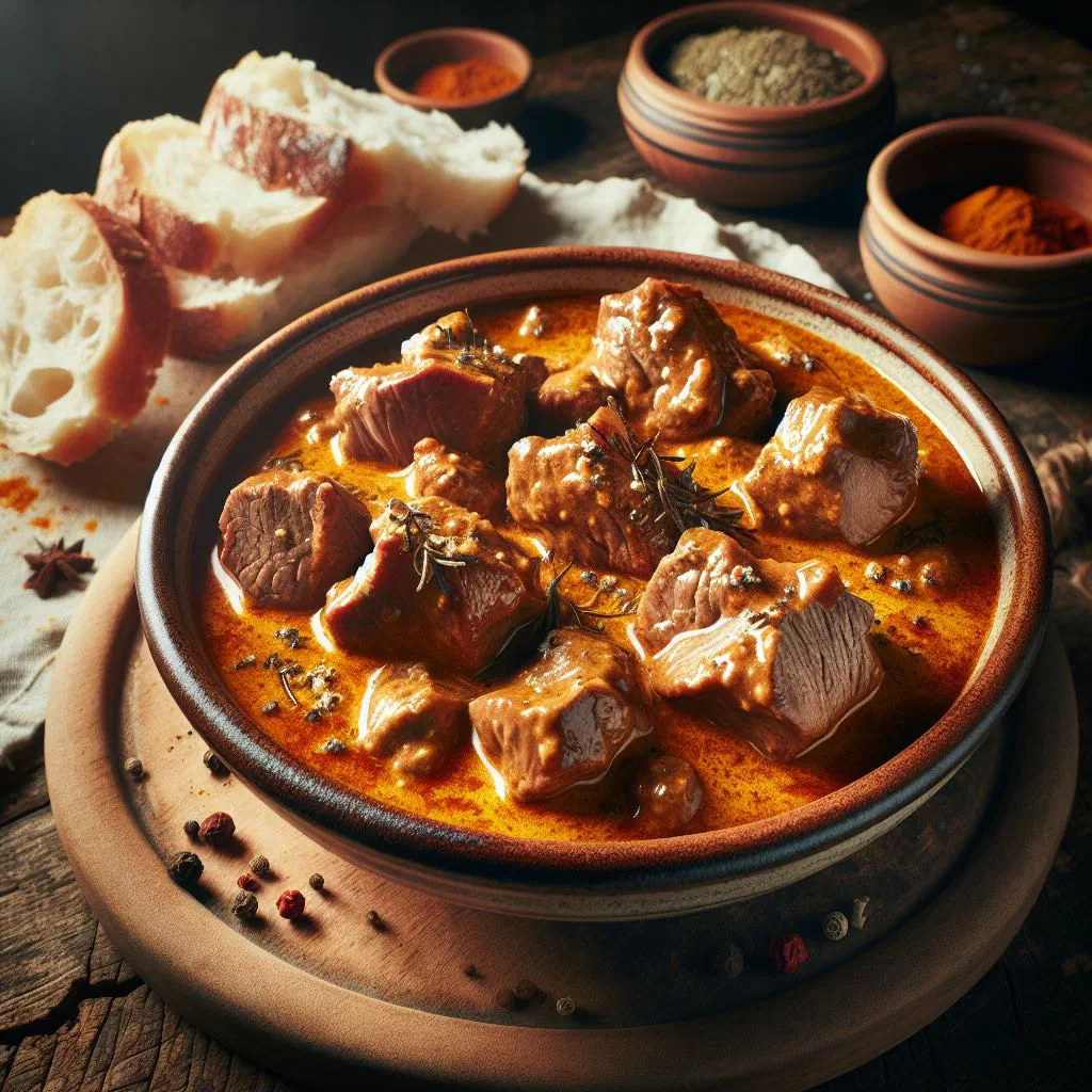 Creamy veal goulash with paprika sauce in a rustic bowl