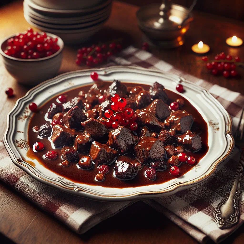 Venison ragout in a rich sauce served with a spoonful of lingonberries