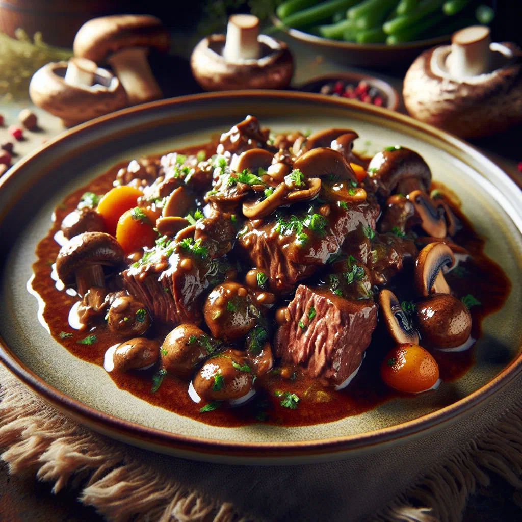 Venison ragout with mushrooms in a rich sauce, garnished with parsley