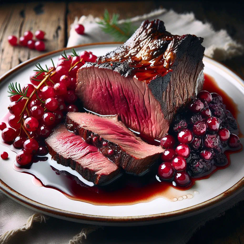 Sliced venison roast with red wine gravy and a spoonful of lingonberries