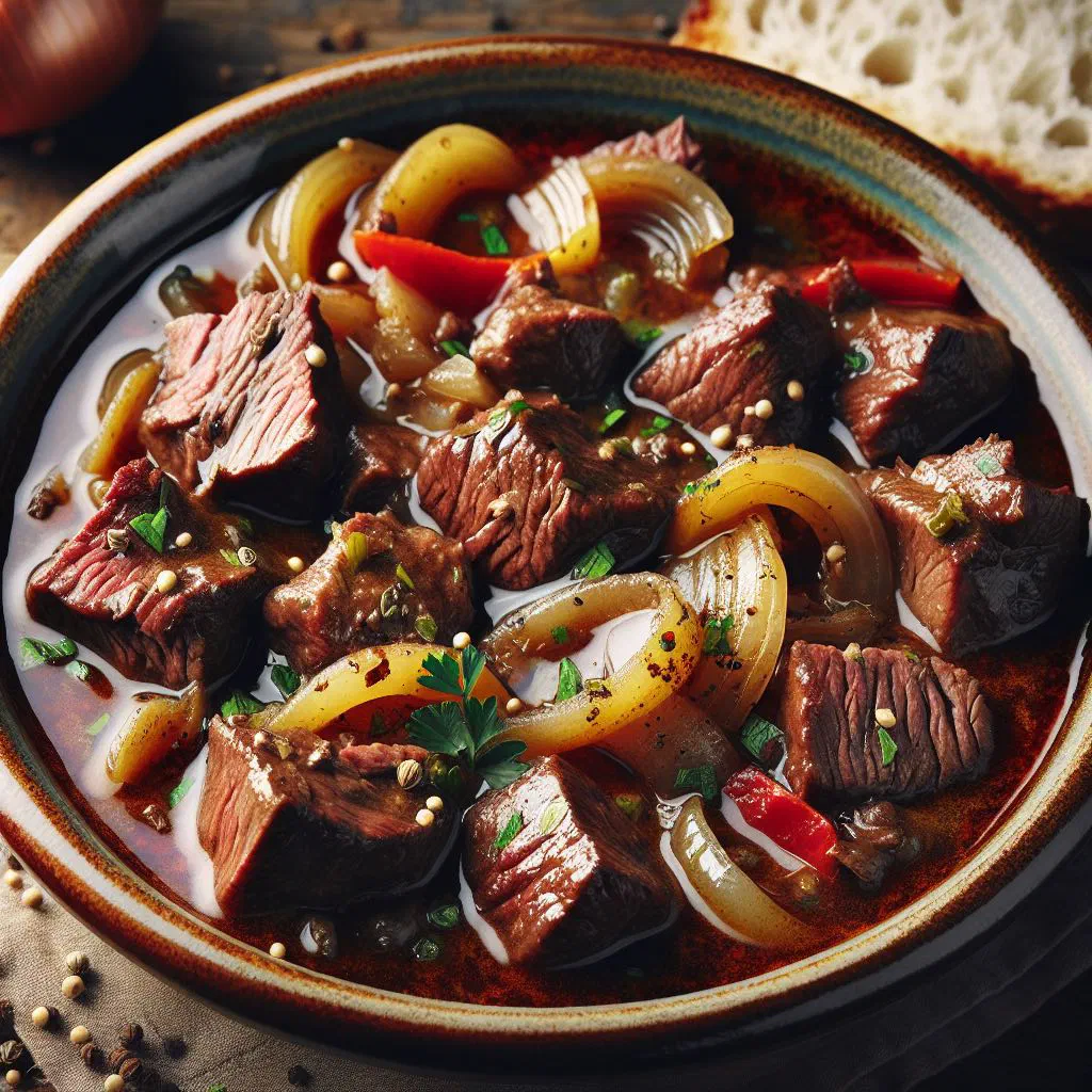 Viennese beef goulash in a rich paprika sauce served with bread dumplings