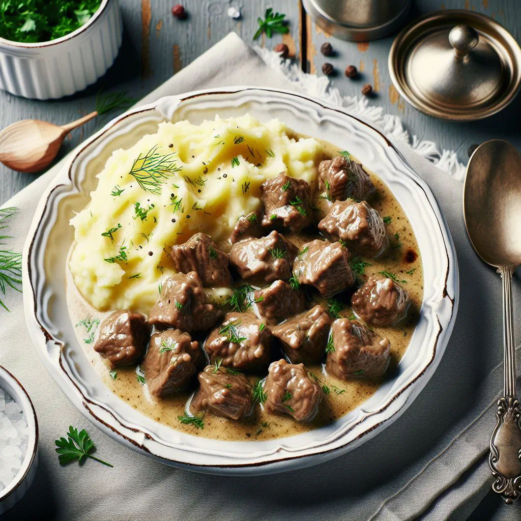 Viennese beuschel veal ragout in a creamy sauce served with a bread dumpling