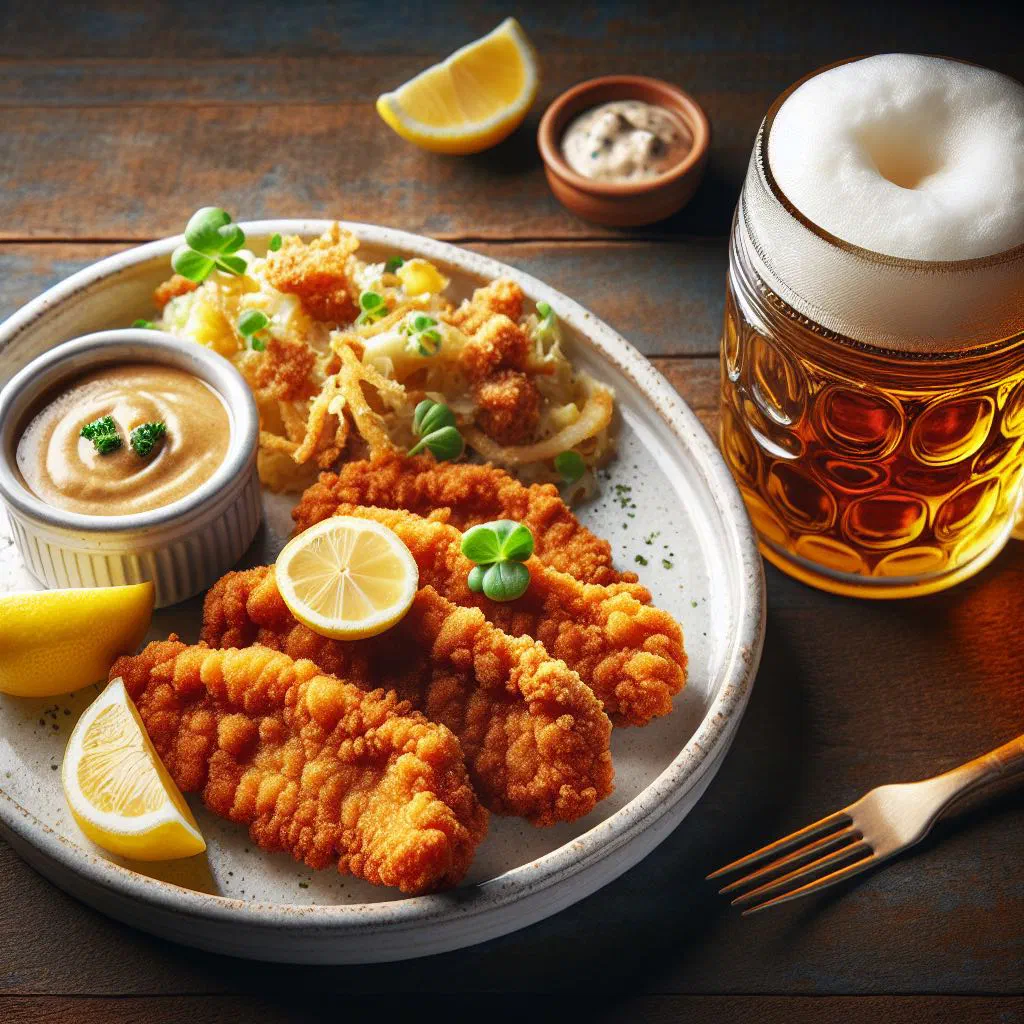 Golden, crispy breaded Viennese fried veal garnished with lemon slices