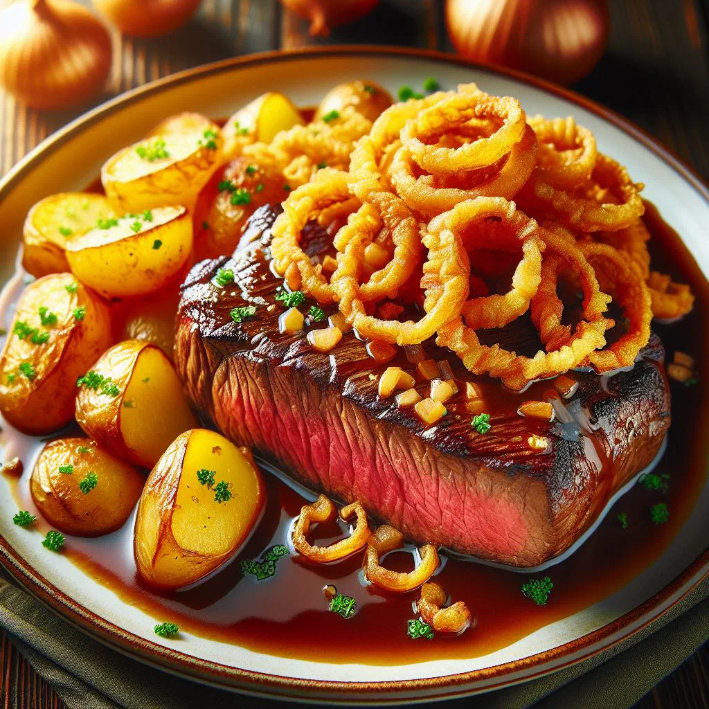 Viennese onion roast beef topped with golden crispy onion rings and parsley