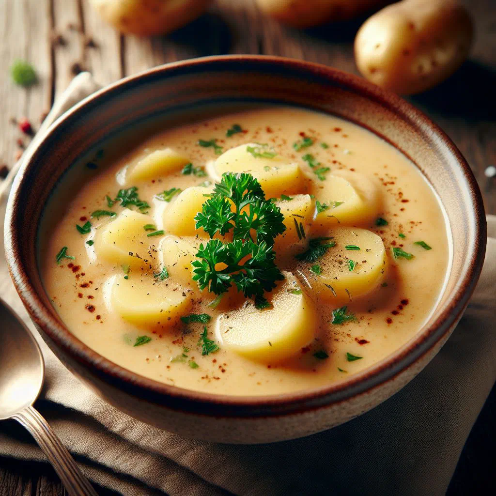 A bowl of creamy Viennese potato soup garnished with fresh parsley