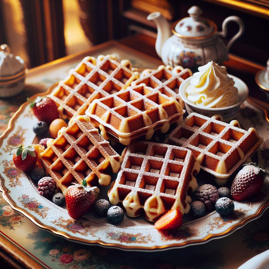 Stack of golden Viennese waffles dusted with icing sugar and fresh berries