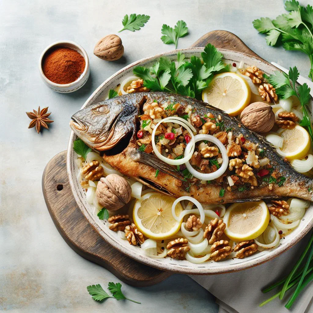 Whole baked stuffed fish with walnut filling, garnished with fresh herbs and lemon