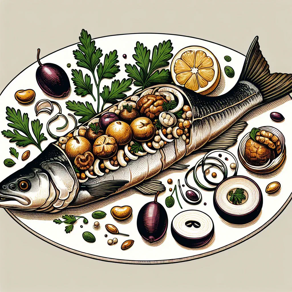 Whole baked fish stuffed with a walnut and onion filling, garnished with fresh herbs and lemon
