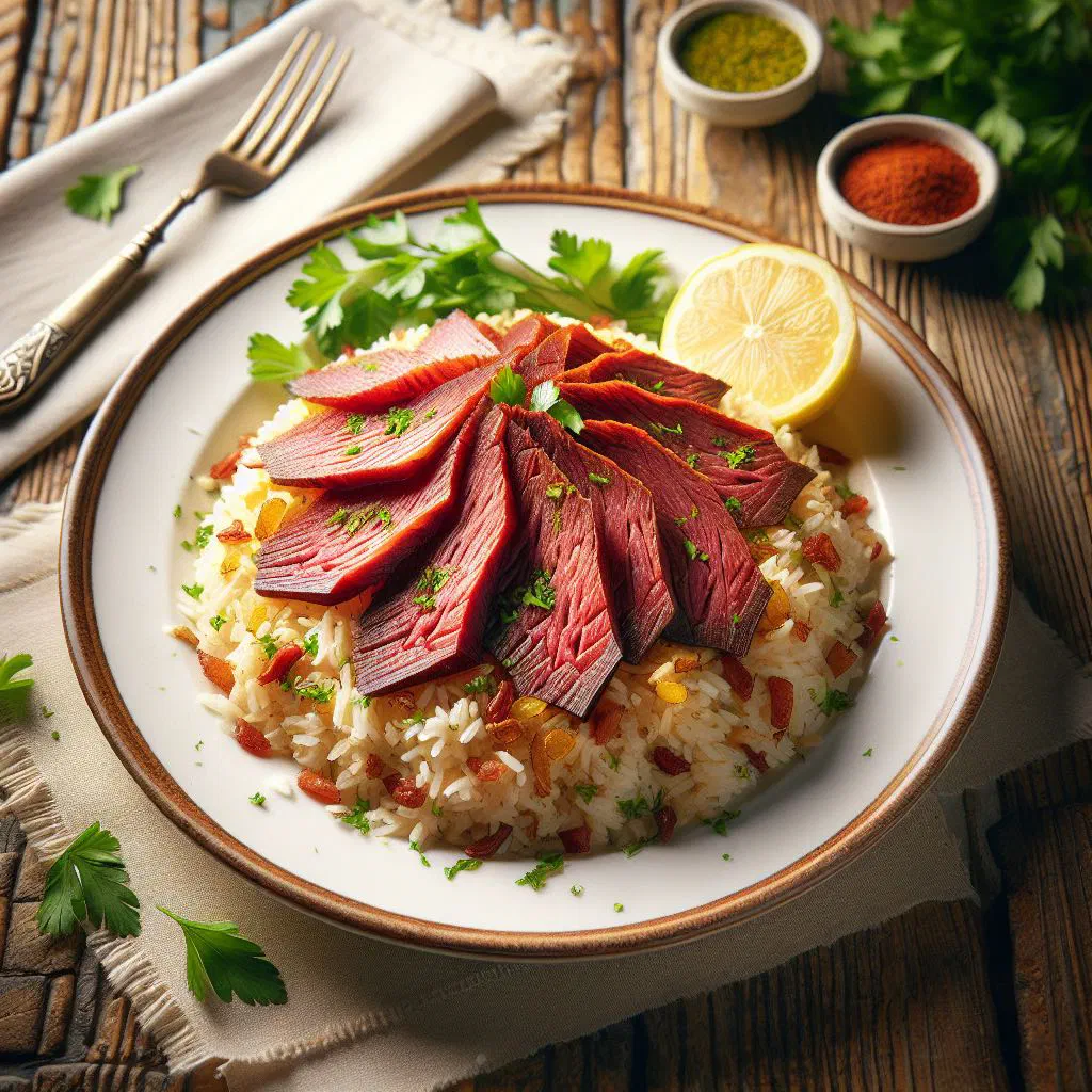 Bastirma plov with spiced meat over long-grain rice, garnished with dried fruit and nuts