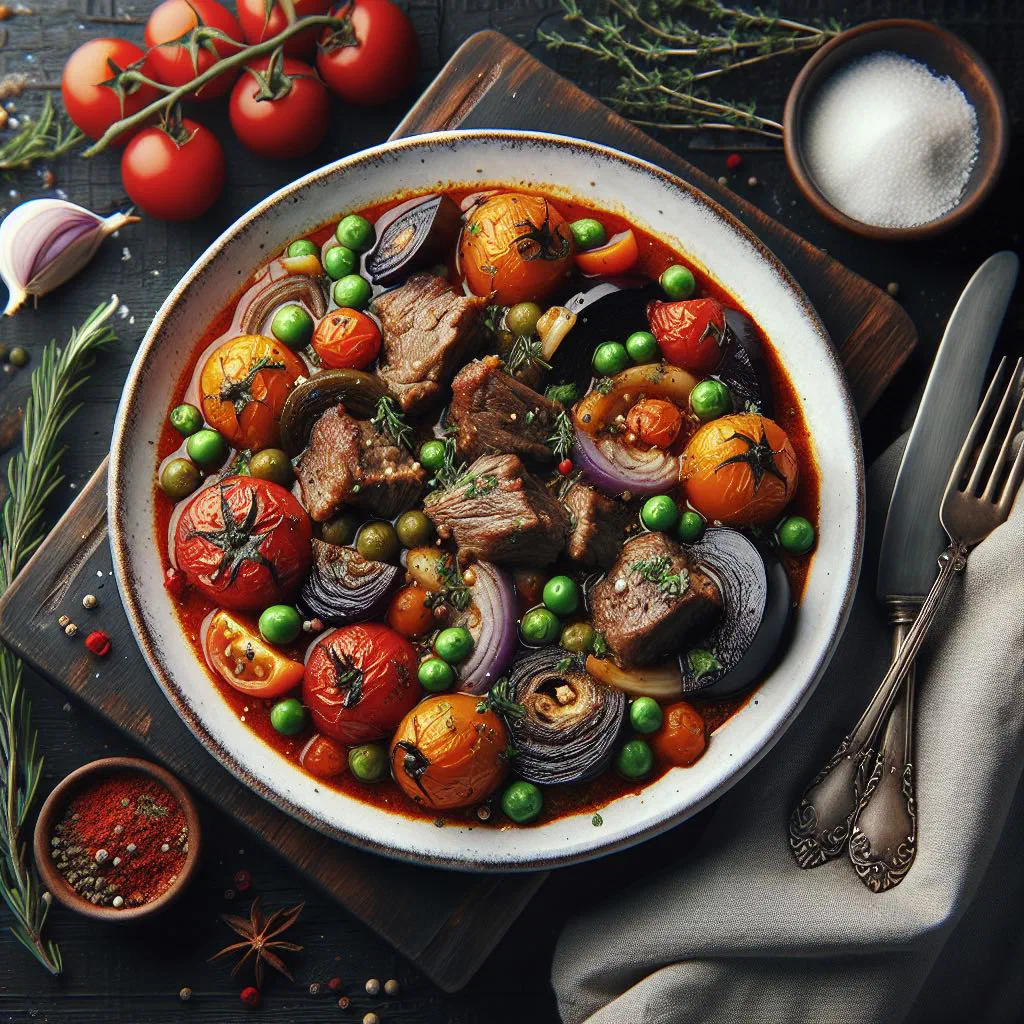 Buglama stew of slow-cooked lamb with carrots, peppers and fresh herbs