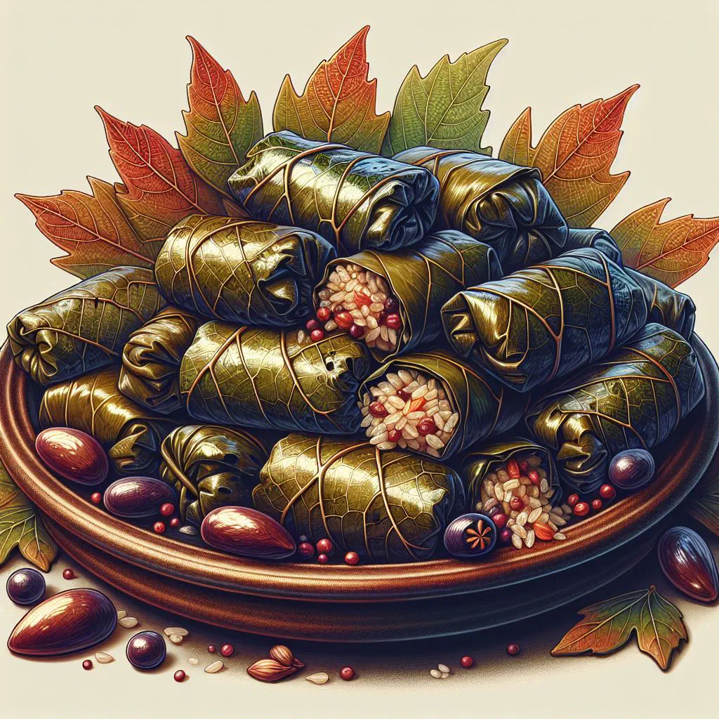 Stuffed vine leaf dolma served with yoghurt and fresh herbs