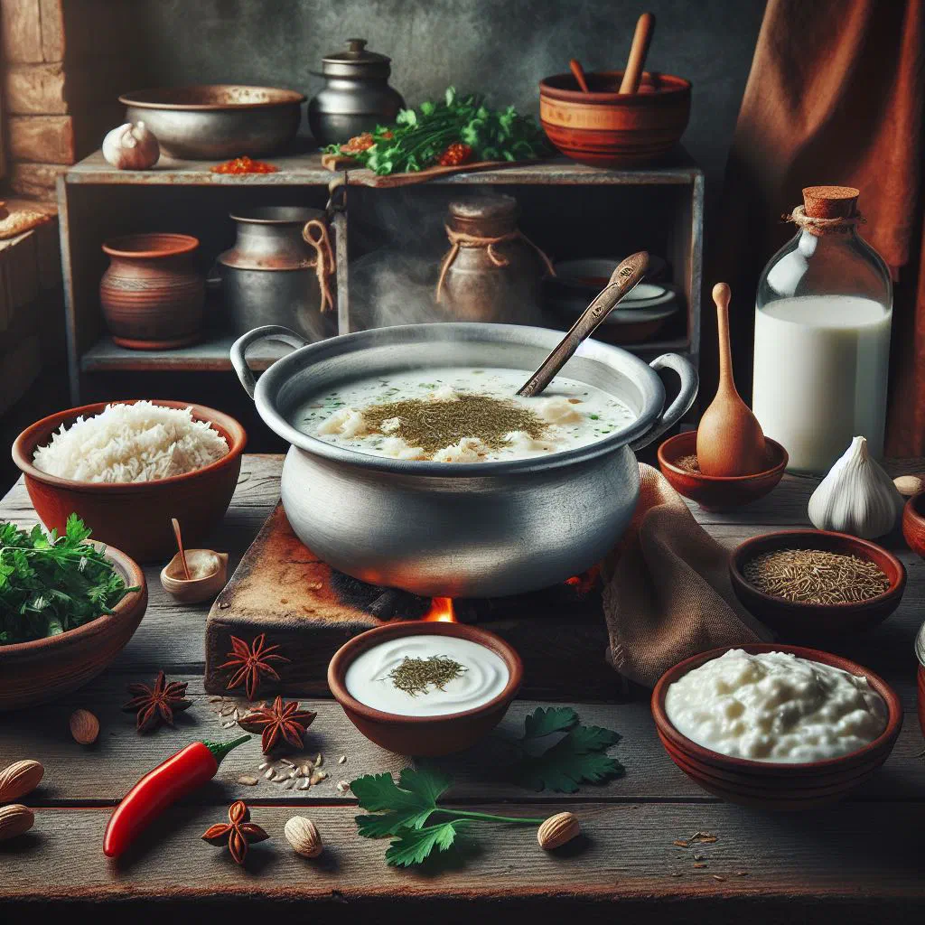 Bowl of dovga, a creamy Azerbaijani yoghurt and herb soup topped with fresh dill