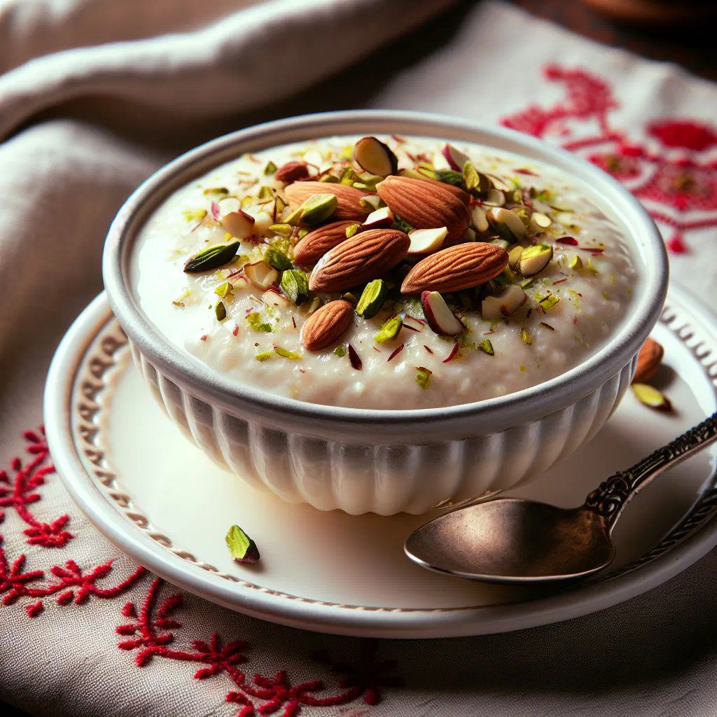 Creamy firni rice pudding in a glass bowl topped with chopped pistachios