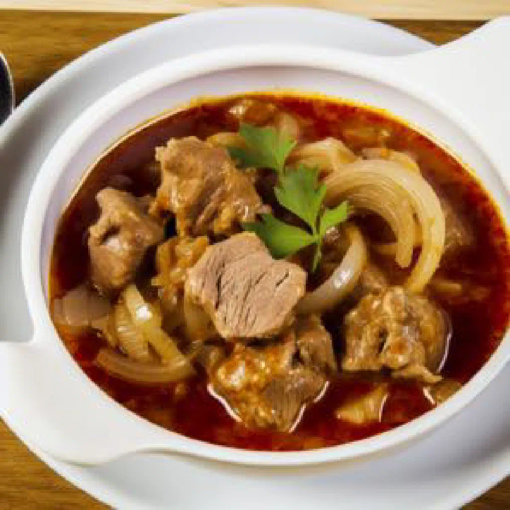 Hamrashi with tender lamb, onions and fresh parsley in a rustic bowl