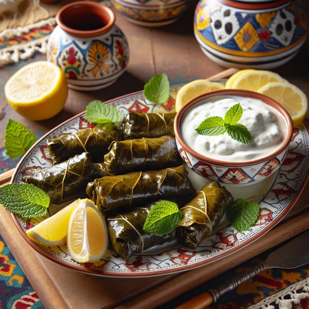 Stuffed vine leaves served with yoghurt and lemon slices