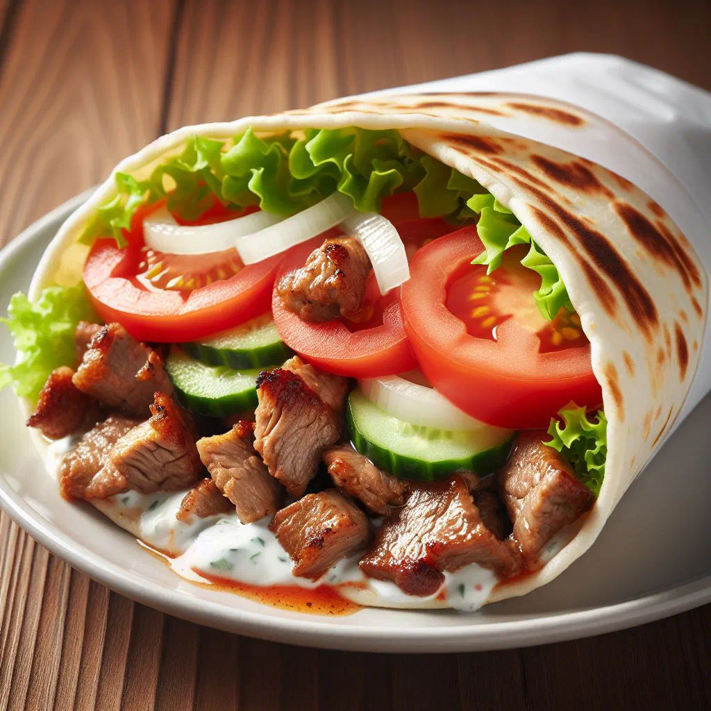 Grilled kebap skewers served with flatbread and charred vegetables