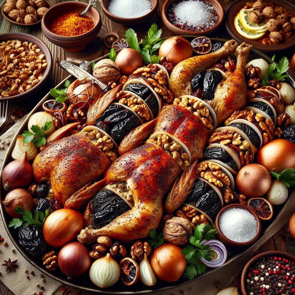 Roasted stuffed chicken ləvəngi with walnut filling and fresh herbs