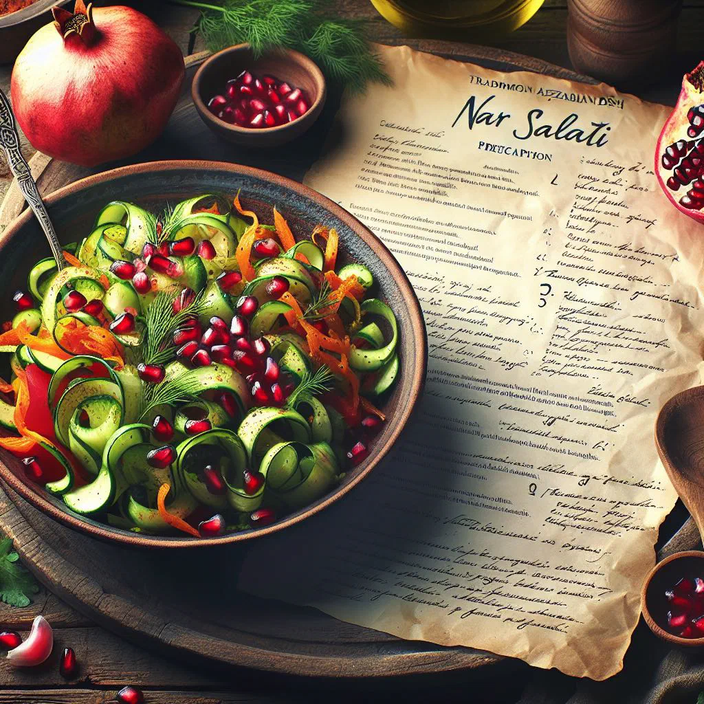 Pomegranate salad with cucumber, walnuts and fresh mint in a shallow bowl