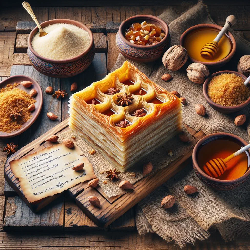 Diamond-cut pakhlava with golden filo layers and chopped nuts