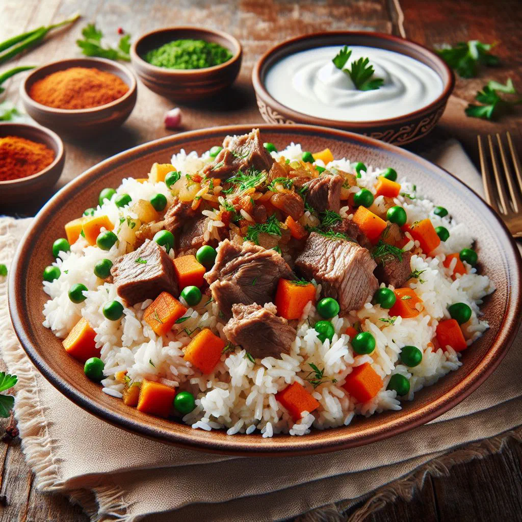 Azerbaijani plov with golden rice, tender lamb and carrots, garnished with fresh herbs