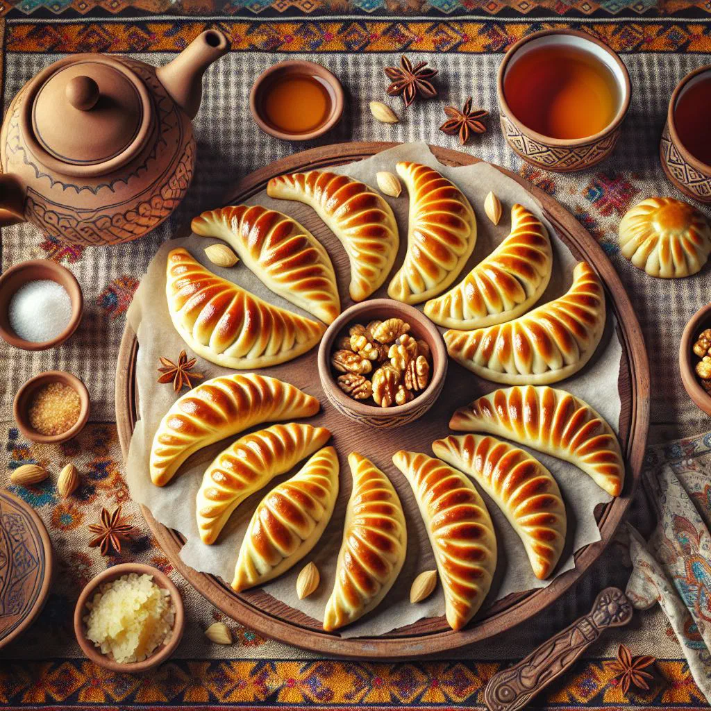 Crescent-shaped shekerbura pastries with patterned crusts on a plate