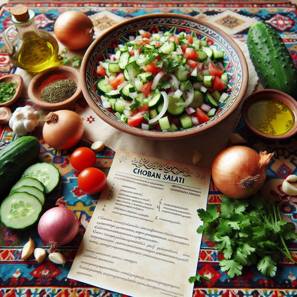 Bowl of Azerbaijani shepherd's salad with diced tomato, cucumber, red onion and crumbled feta
