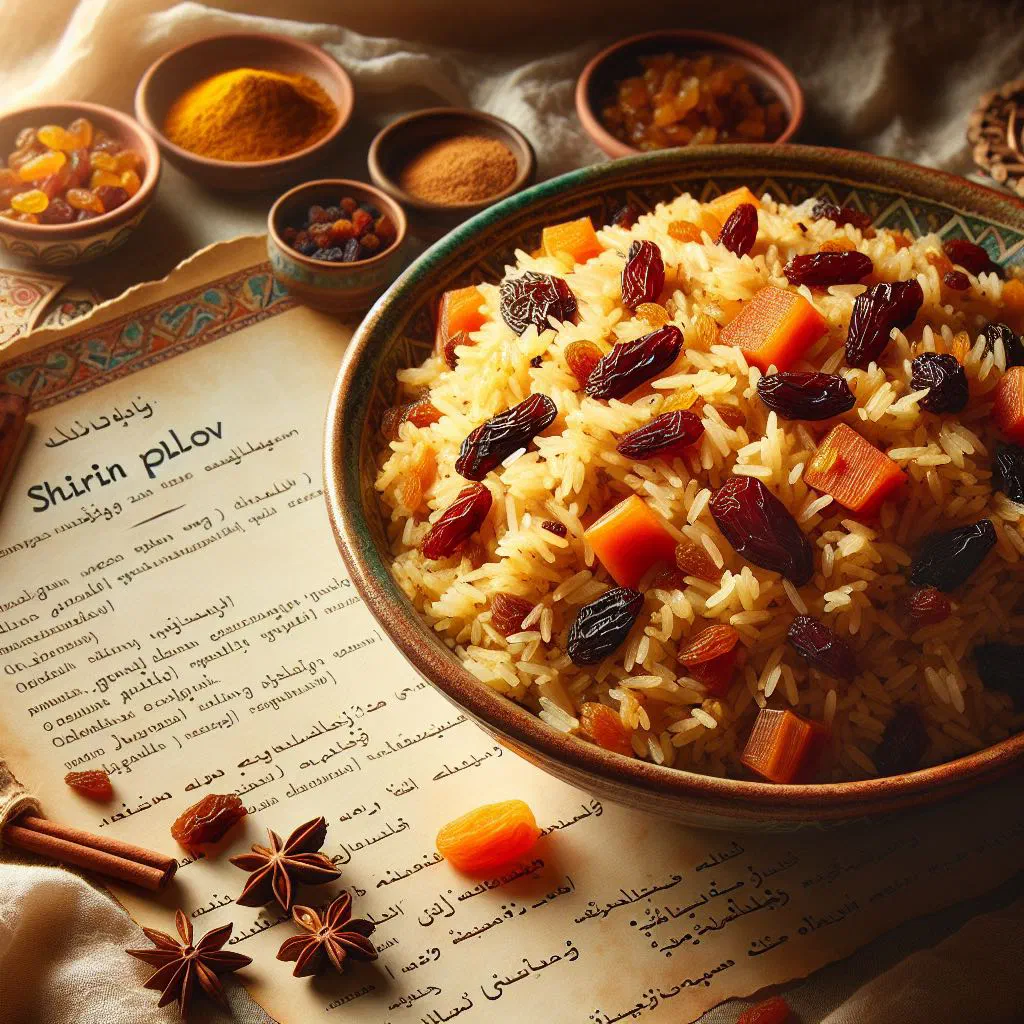 Sweet Azerbaijani shirin plov with rice, dried apricots, raisins and almonds