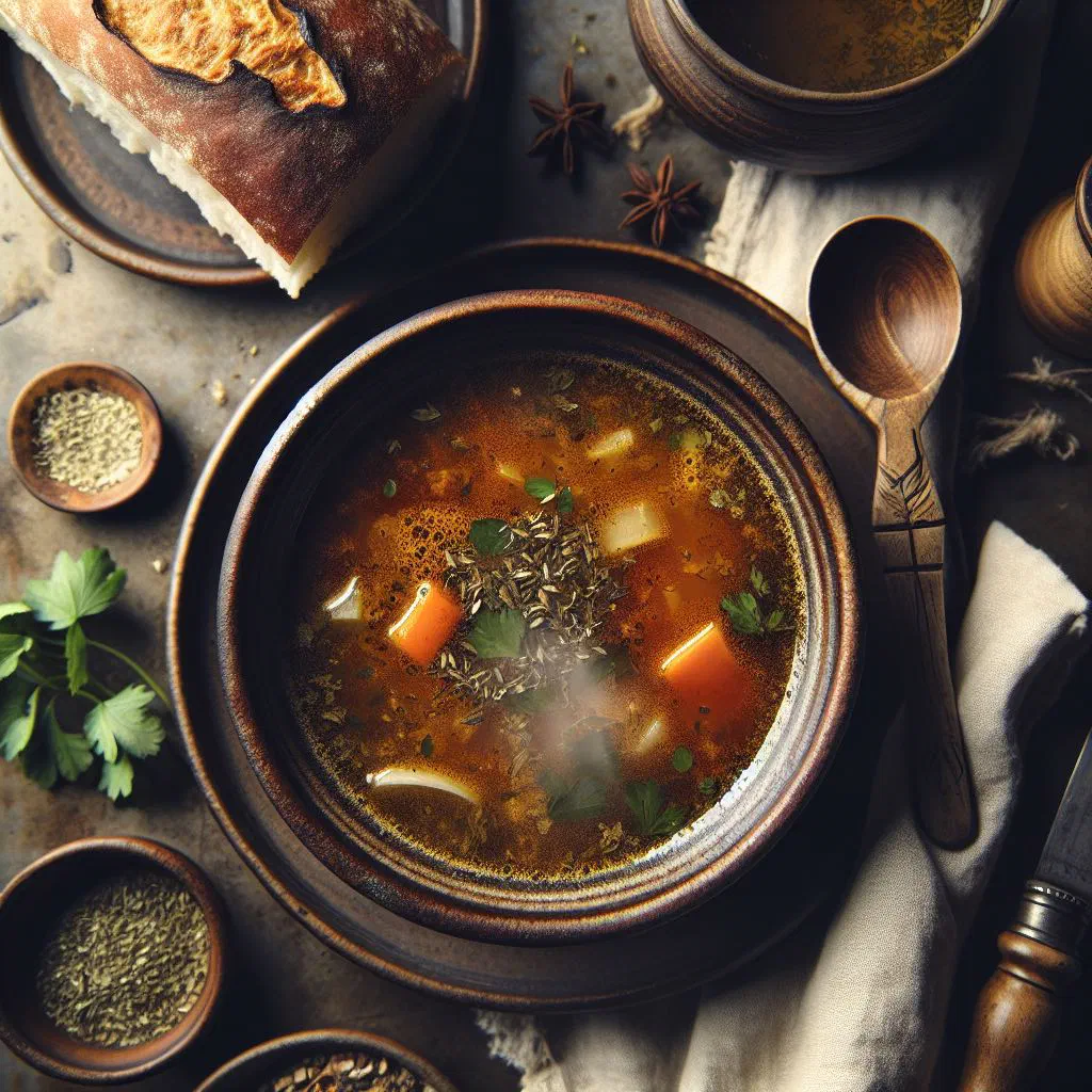 Bowl of Azerbaijani shorba soup with meat, vegetables and fresh herbs