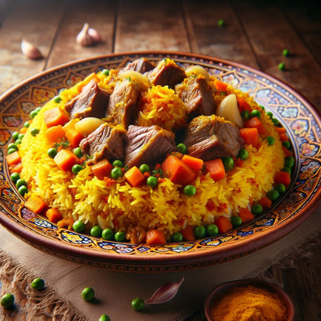 Şüyüd plov with fragrant rice, fresh dill and tender lamb on a platter