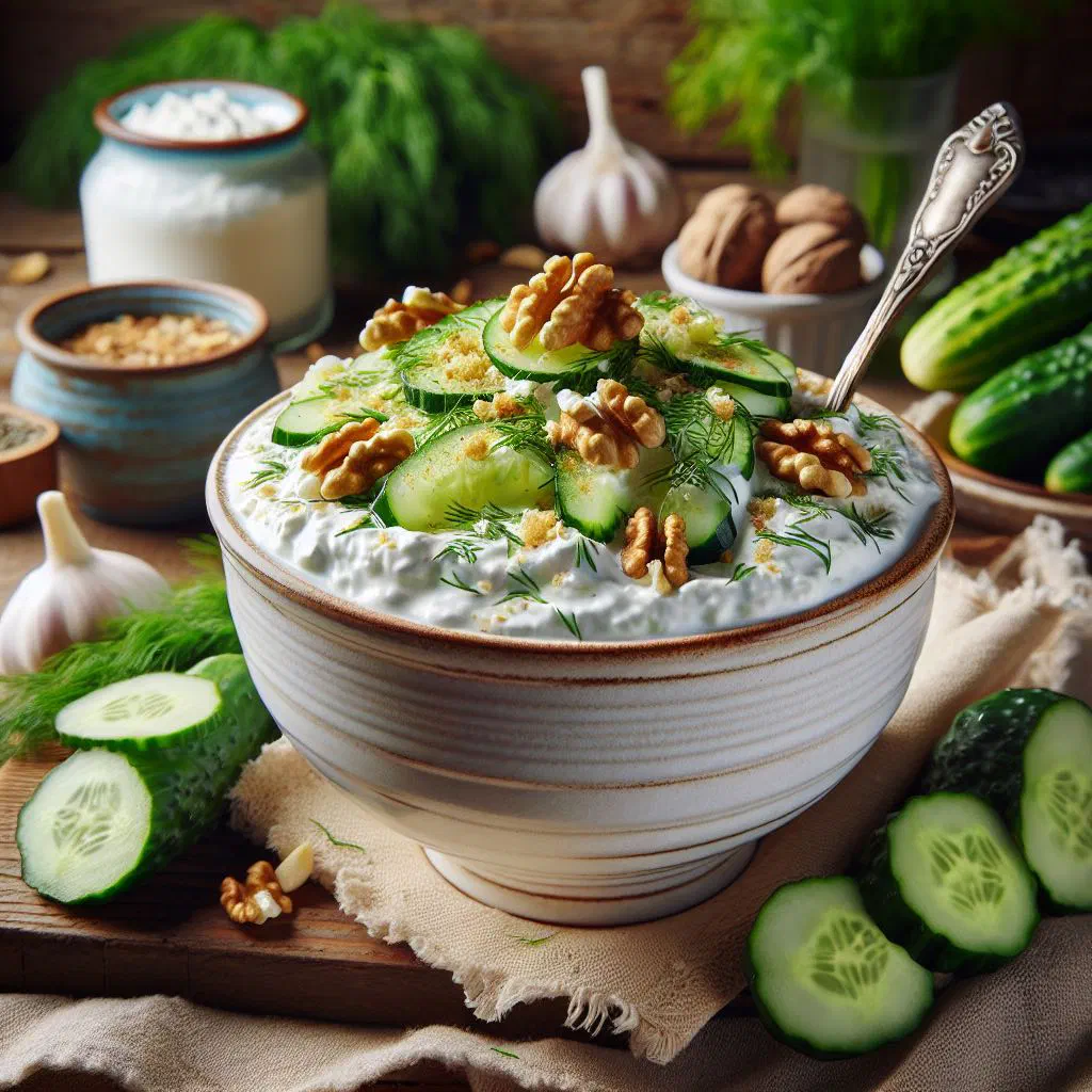 Bowl of chilled tarator with diced cucumber, yoghurt and fresh dill