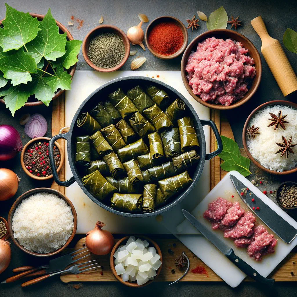 Stuffed vine leaves arranged on a plate with fresh herbs and olive oil