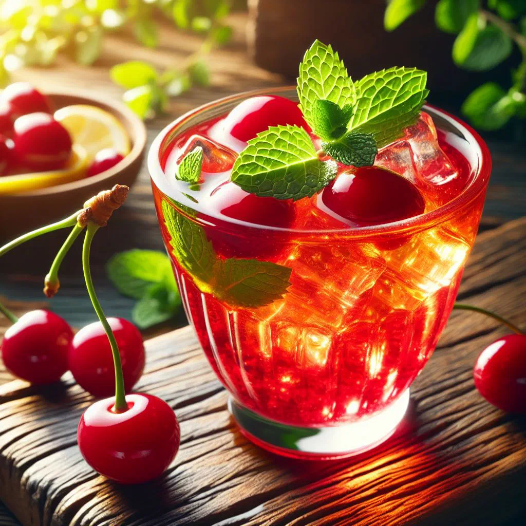 Ruby-red cornelian cherry sherbet in a glass with fresh mint leaves