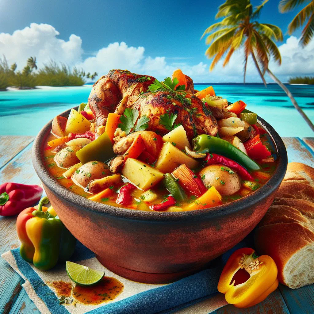 Bowl of Bahamian chicken souse with tender chicken, carrots and lime