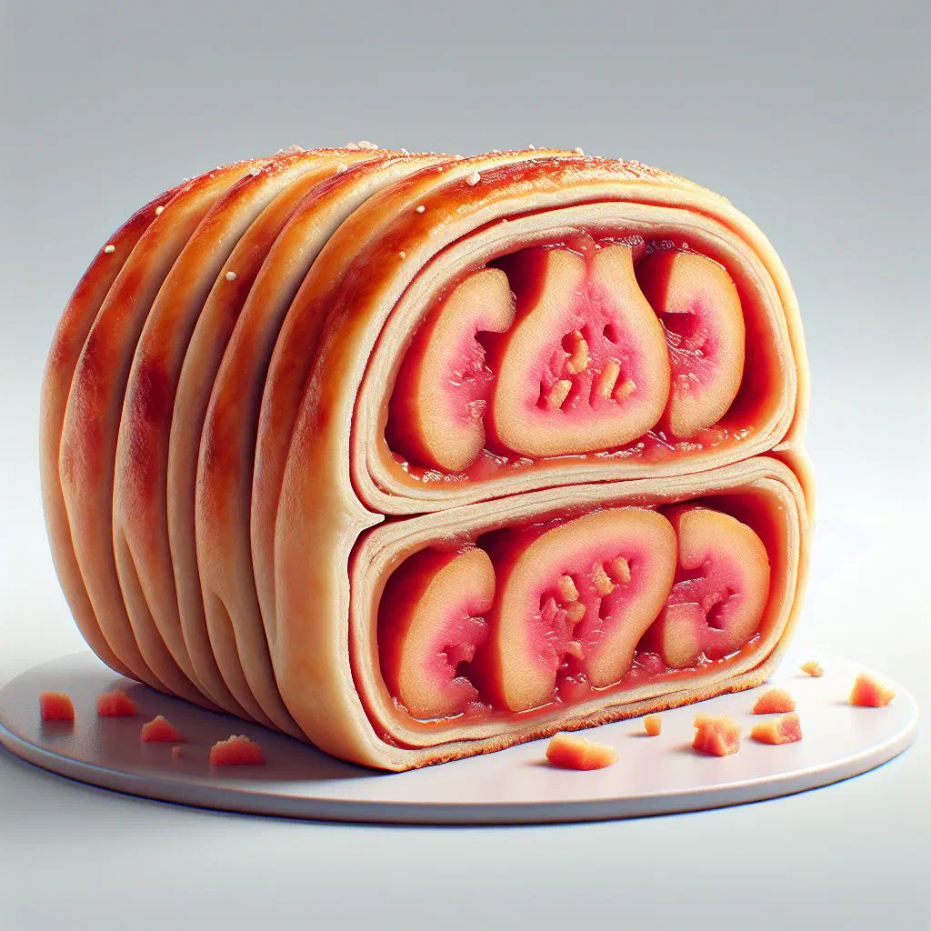 Sliced Bahamian guava duff swirled with pink guava and drizzled with sauce