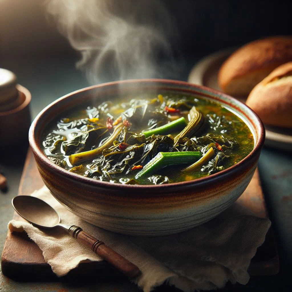 Bowl of Bahamian callaloo soup garnished with fresh herbs