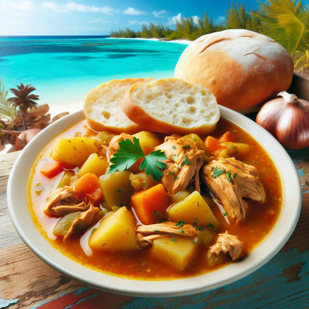 Bowl of Bahamian chicken souse with tender chicken, onion and lime