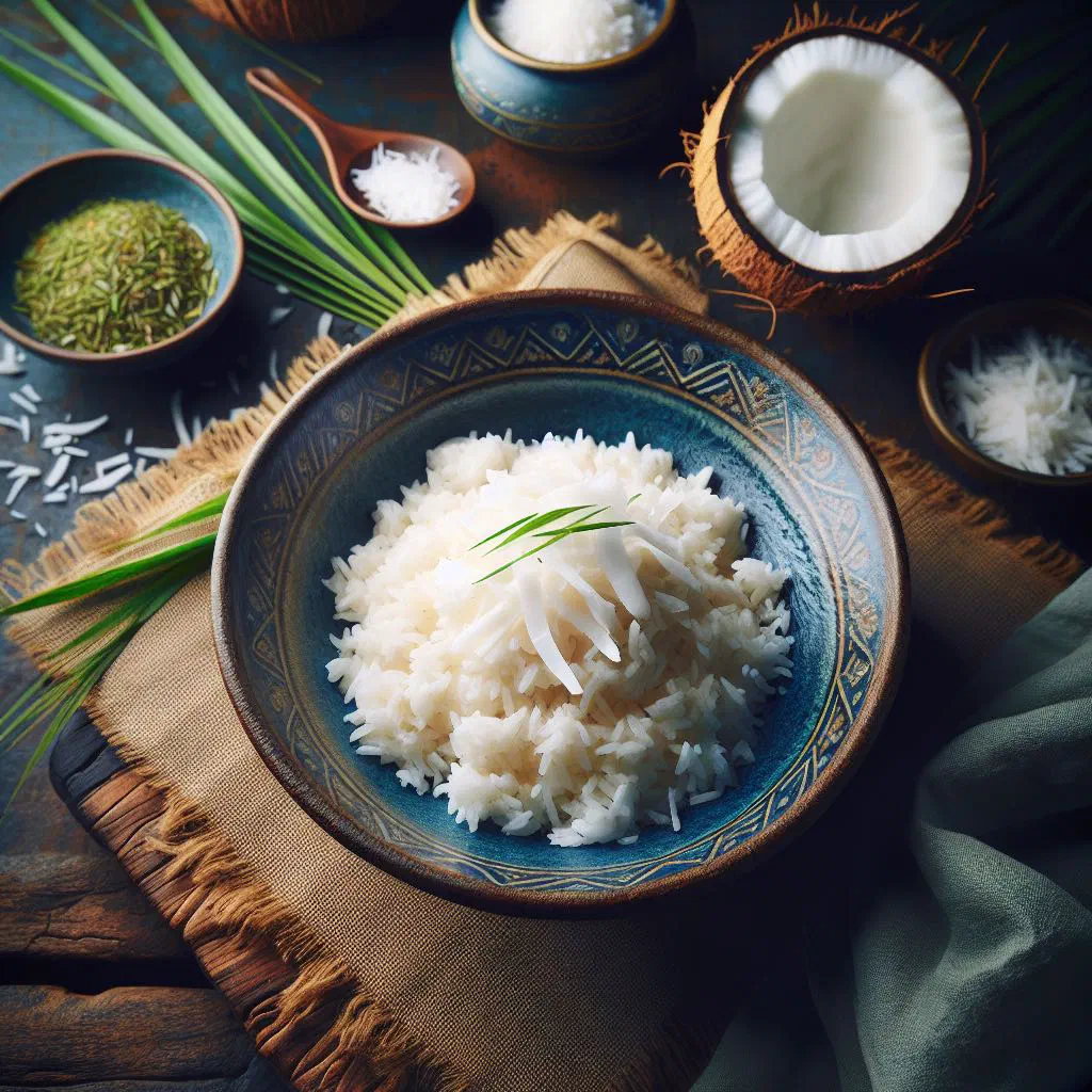 A bowl of fluffy Bahamian coconut rice topped with fresh coconut shavings