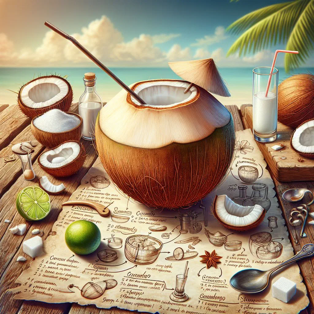 Fresh coconut water served in a glass with ice and lime