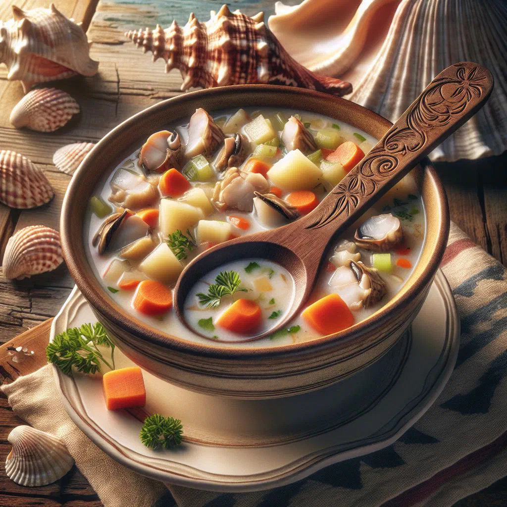 A bowl of Bahamian conch chowder garnished with fresh coriander